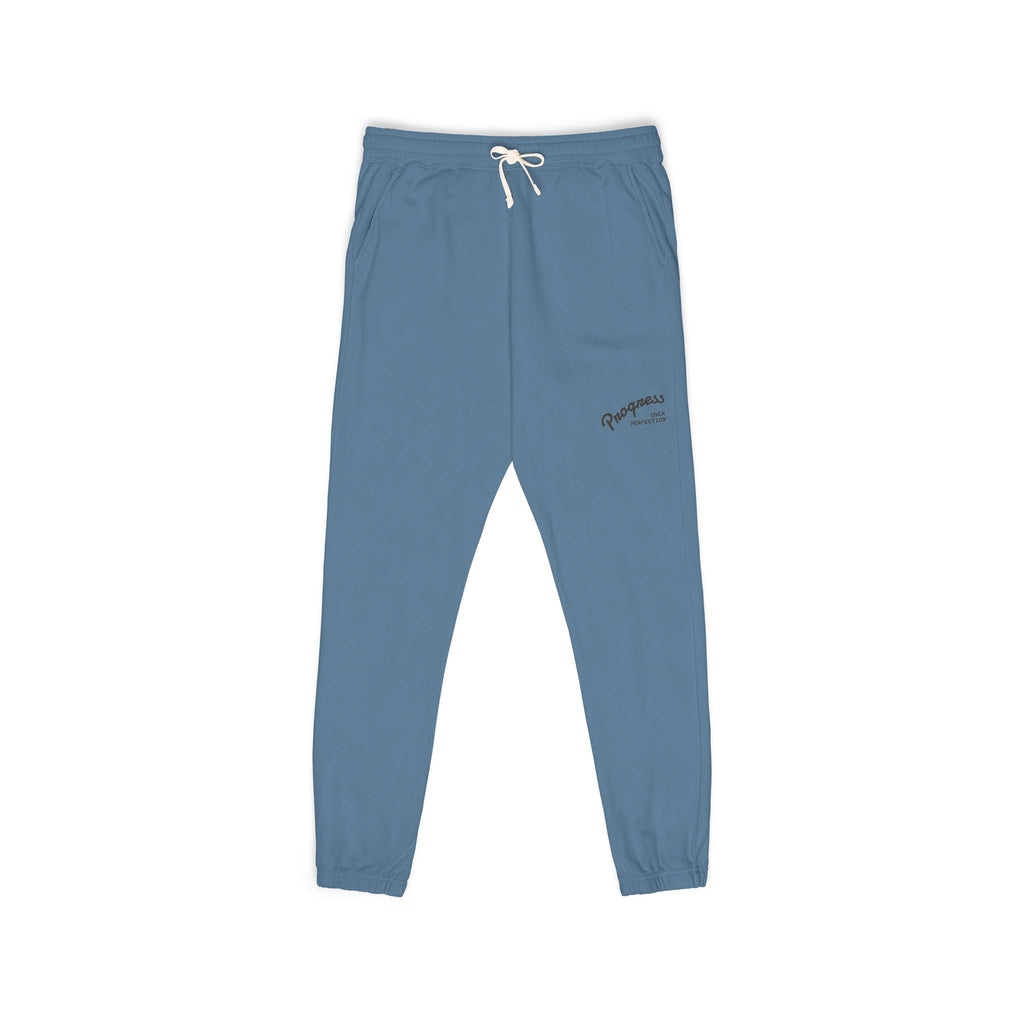 Progress over Perfection Embroidered Garment-Dyed Fleece Sweatpants — Minimal Small Script Logo Joggers