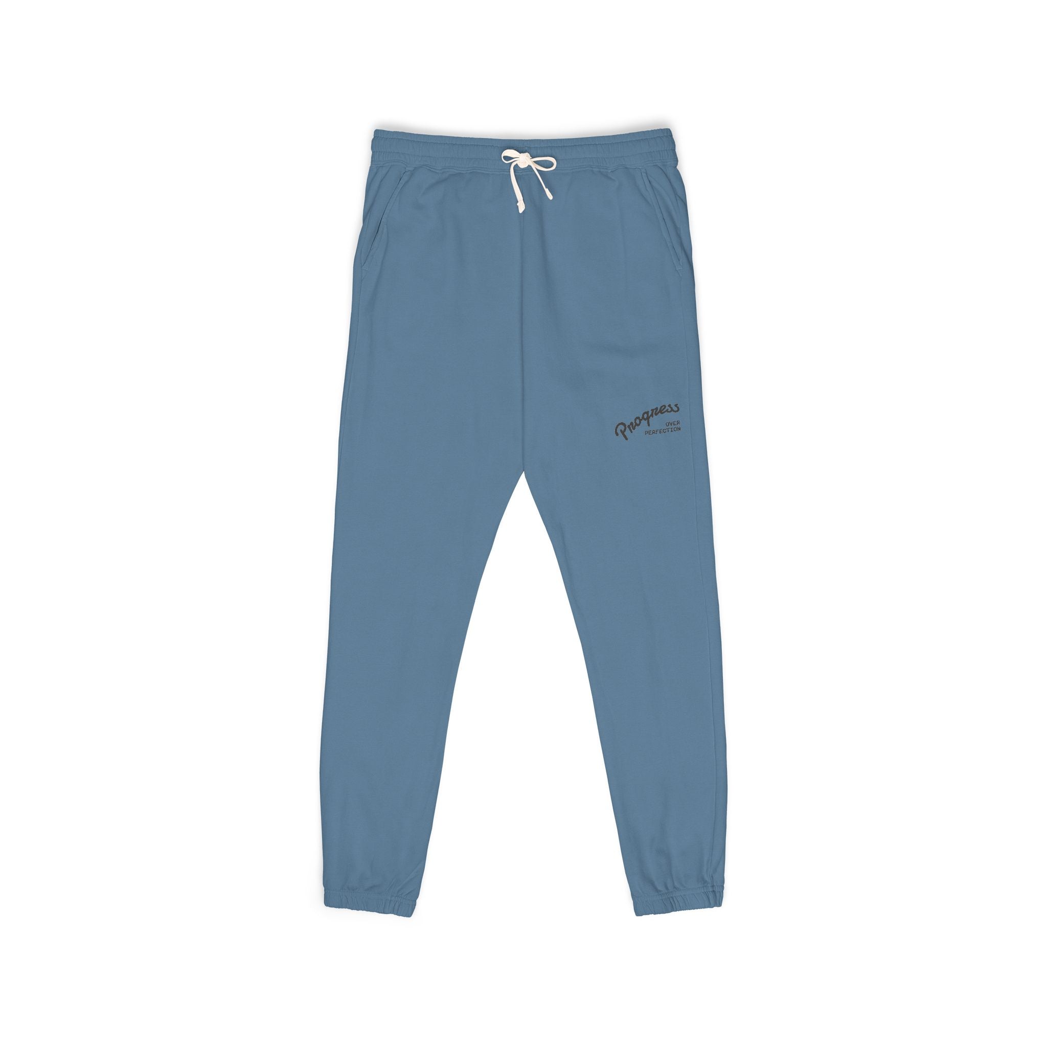 Progress over Perfection Embroidered Garment-Dyed Fleece Sweatpants — Minimal Small Script Logo Joggers