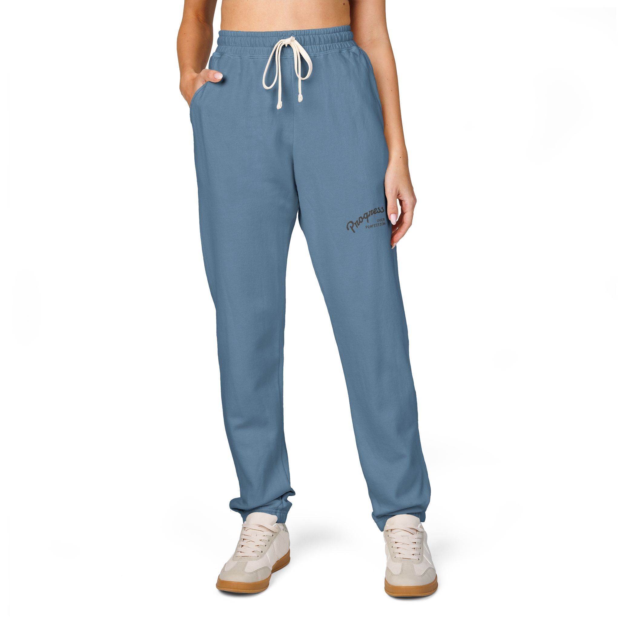 Progress over Perfection Embroidered Garment-Dyed Fleece Sweatpants — Minimal Small Script Logo Joggers
