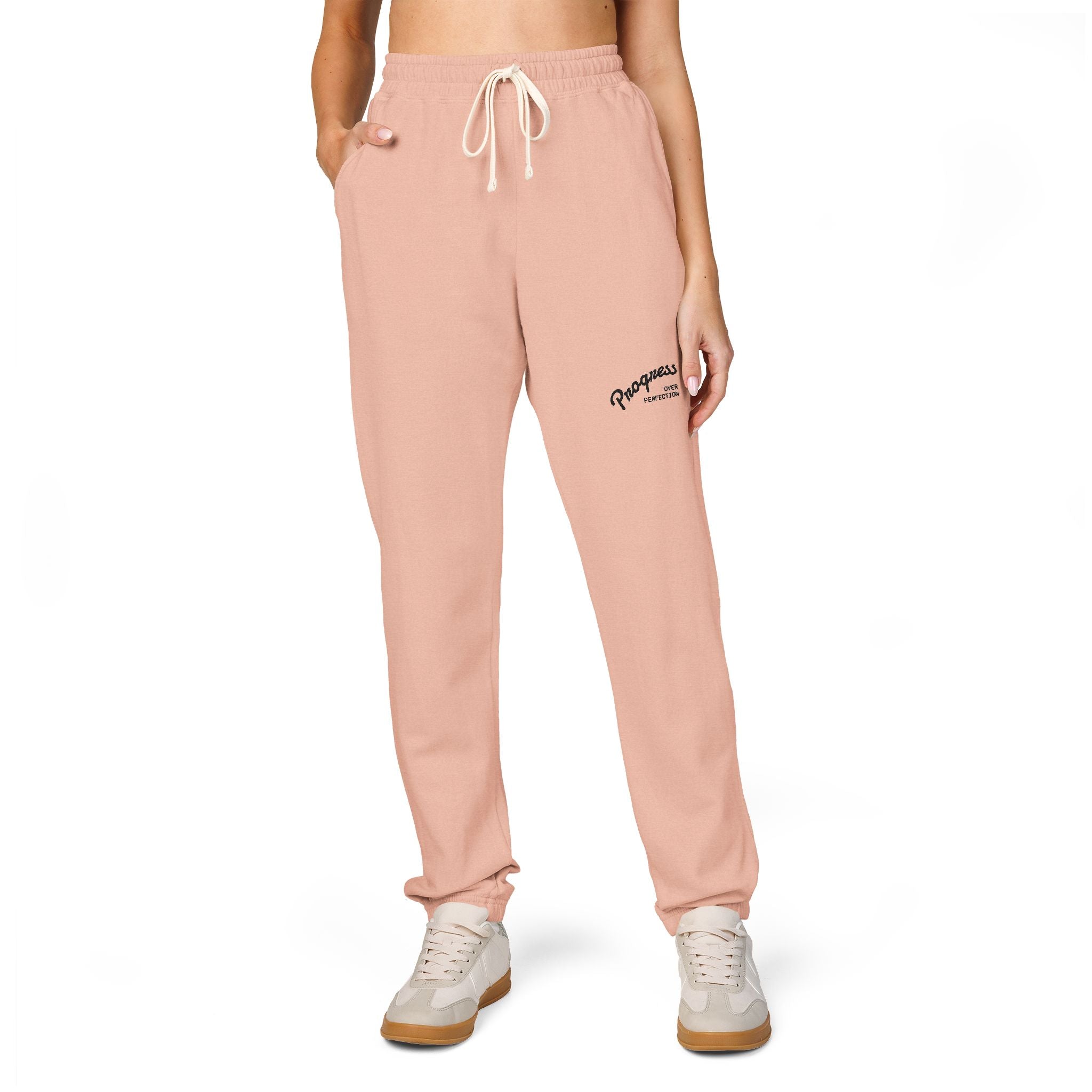 Progress over Perfection Embroidered Garment-Dyed Fleece Sweatpants — Minimal Small Script Logo Joggers