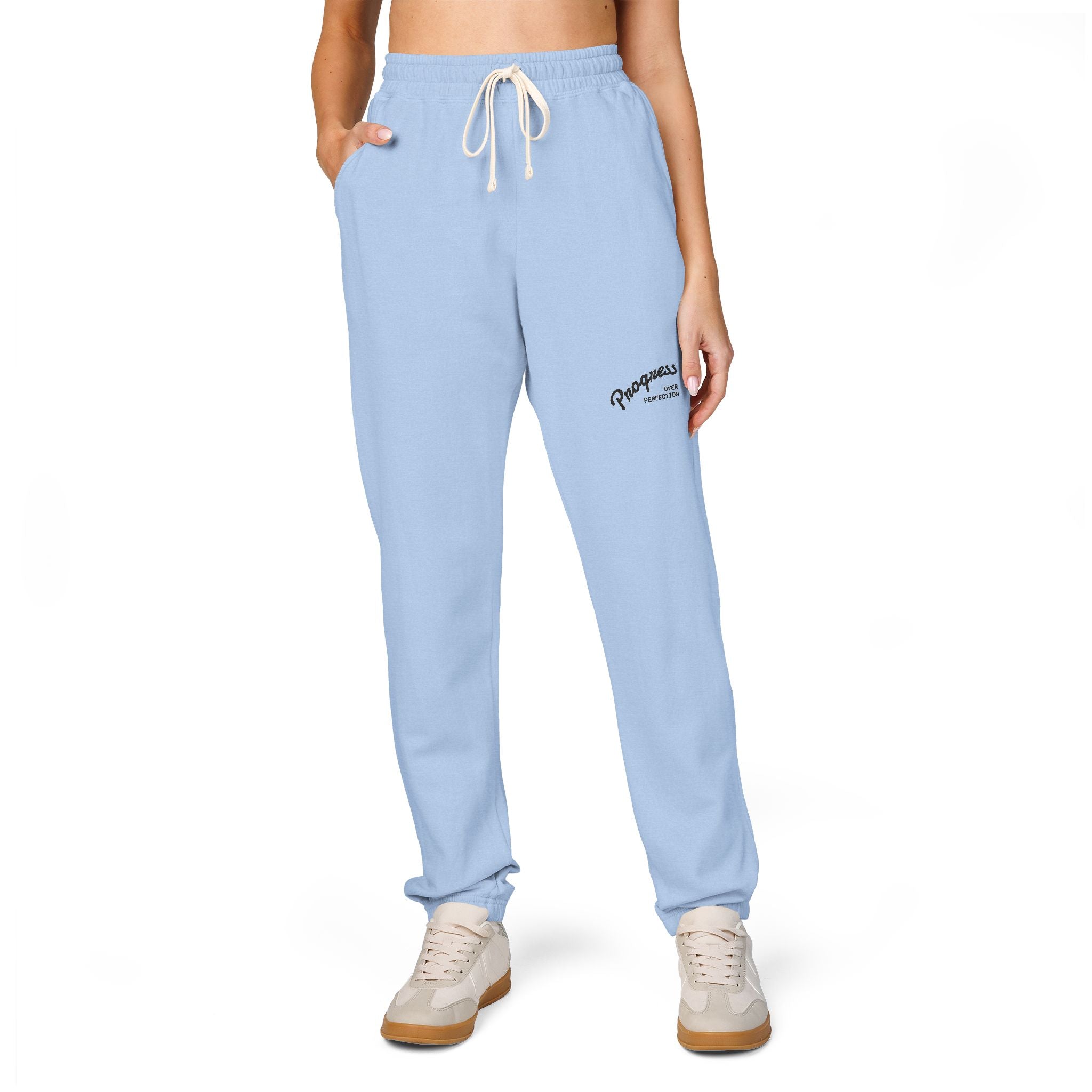 Progress over Perfection Embroidered Garment-Dyed Fleece Sweatpants — Minimal Small Script Logo Joggers