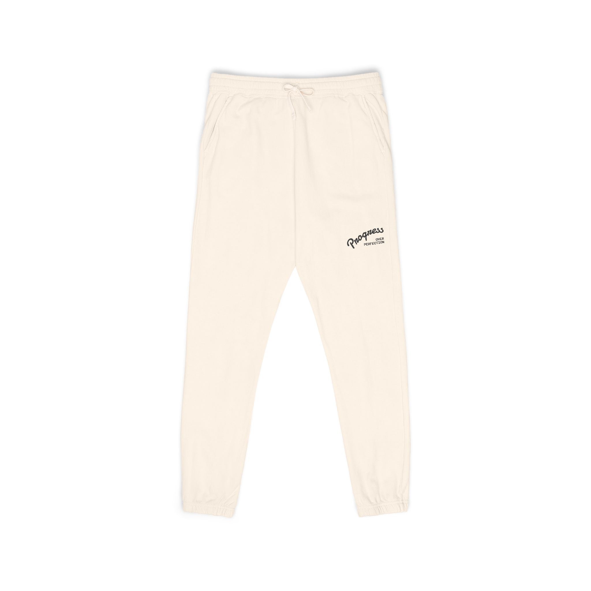 Progress over Perfection Embroidered Garment-Dyed Fleece Sweatpants — Minimal Small Script Logo Joggers