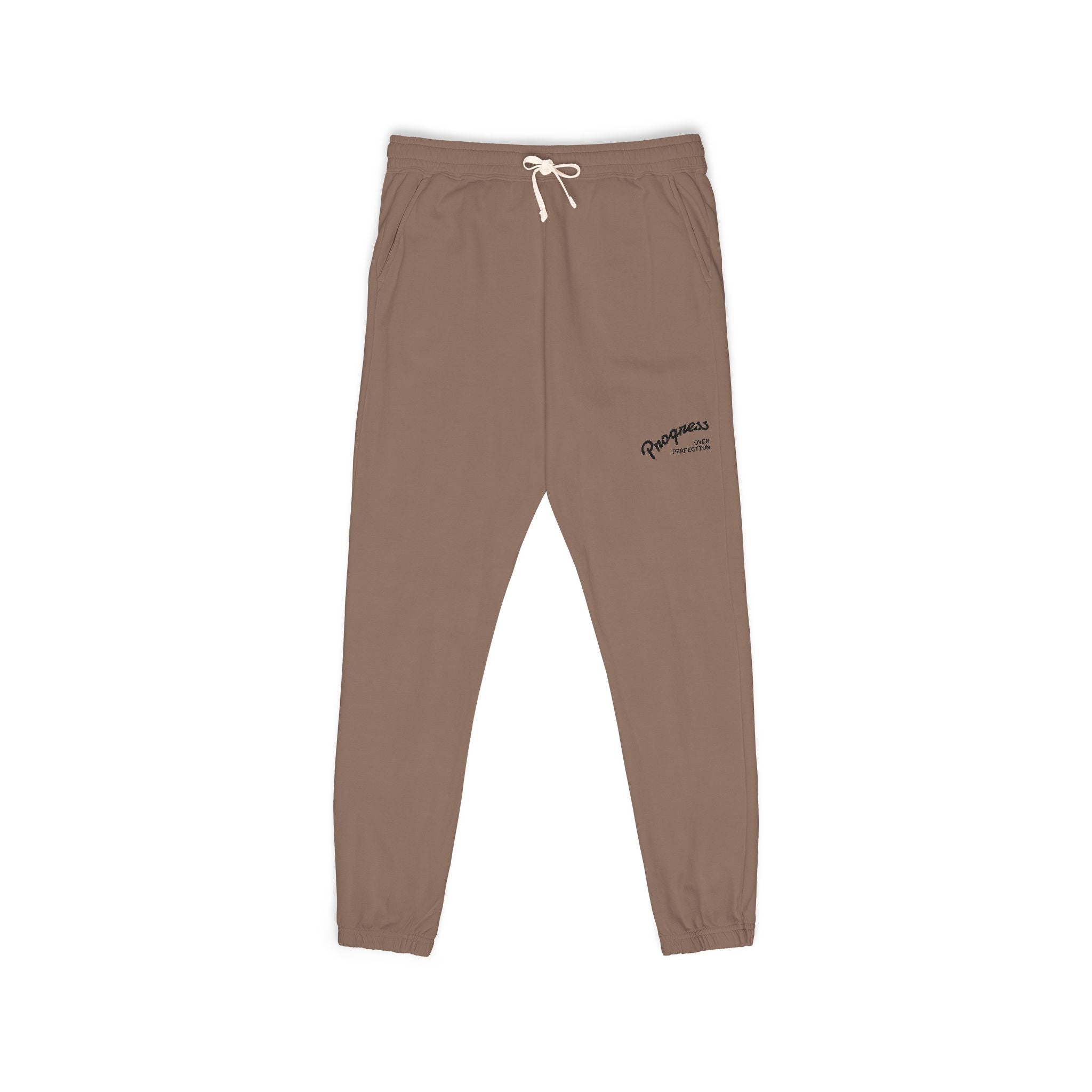 Progress over Perfection Embroidered Garment-Dyed Fleece Sweatpants — Minimal Small Script Logo Joggers