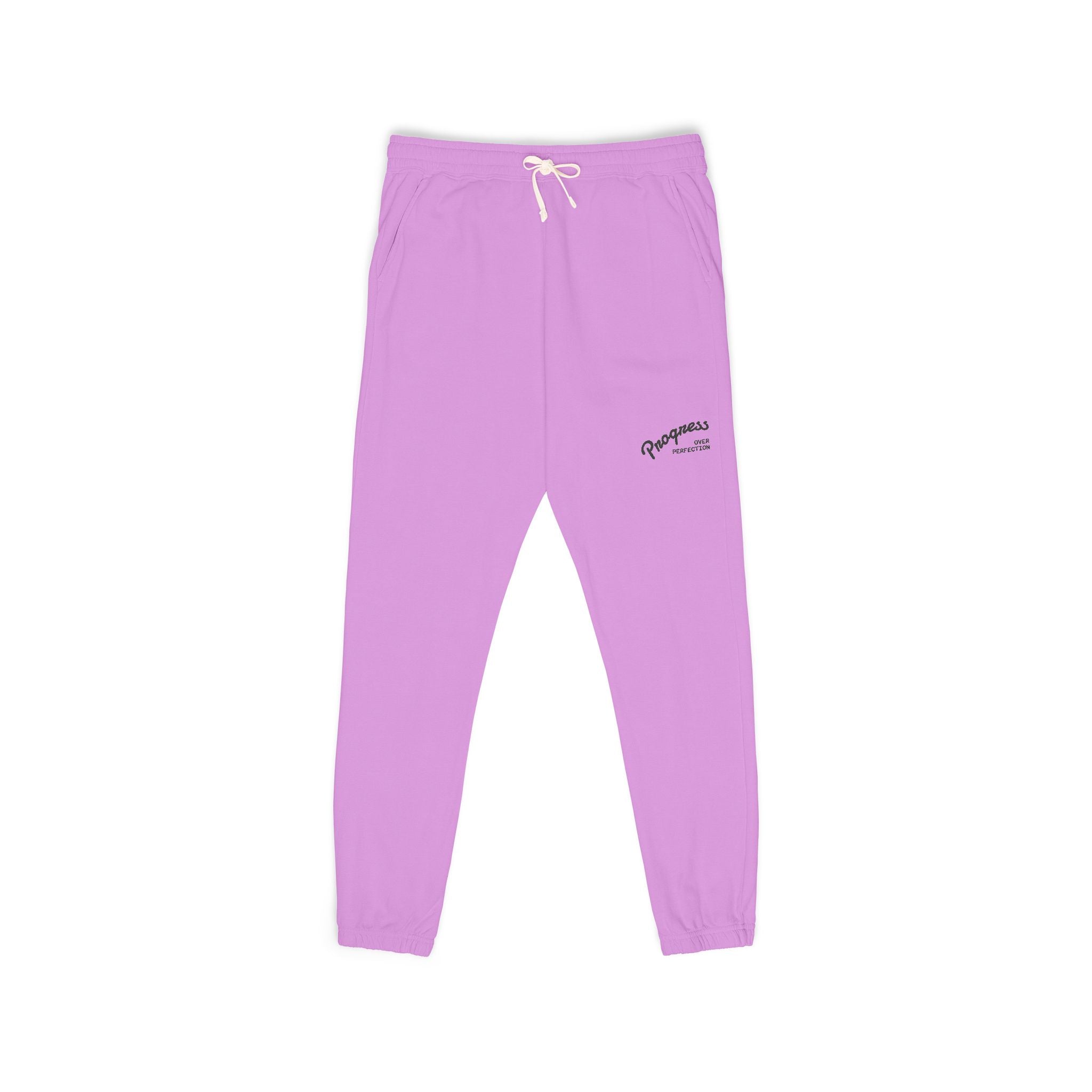 Progress over Perfection Embroidered Garment-Dyed Fleece Sweatpants — Minimal Small Script Logo Joggers