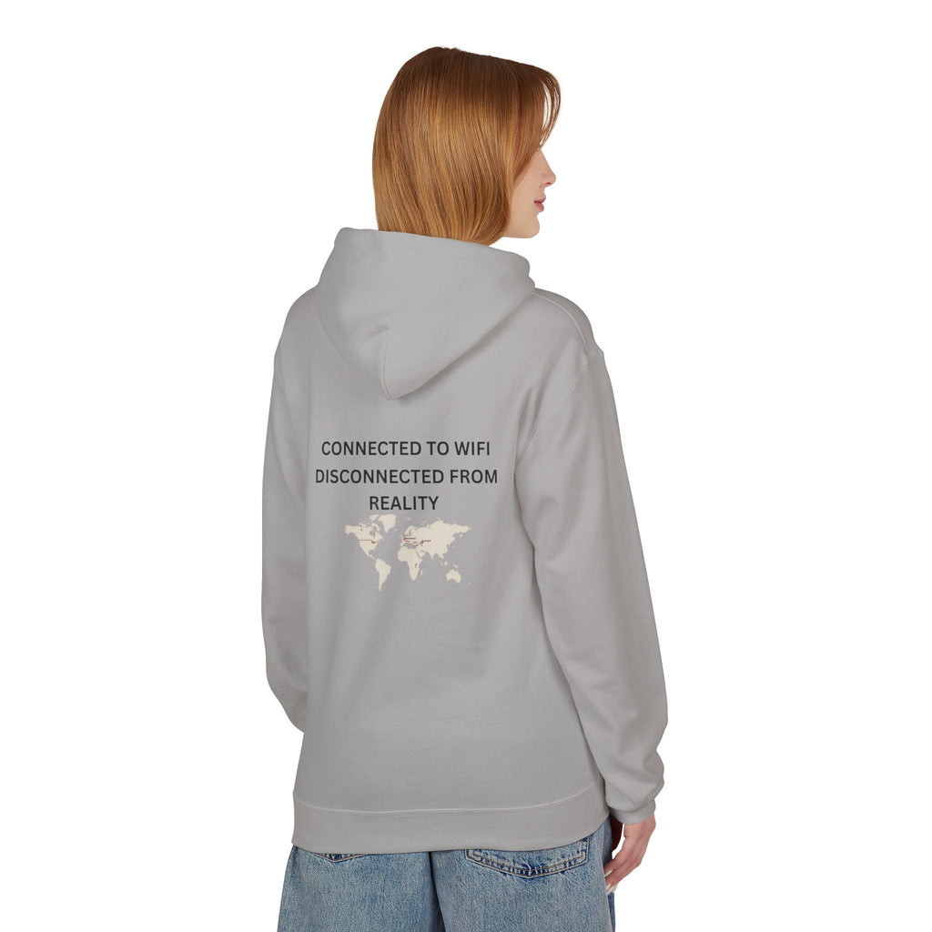 Connected to WiFi, Disconnected from Reality Hoodie – Minimal World Map Tech Travel Pullover