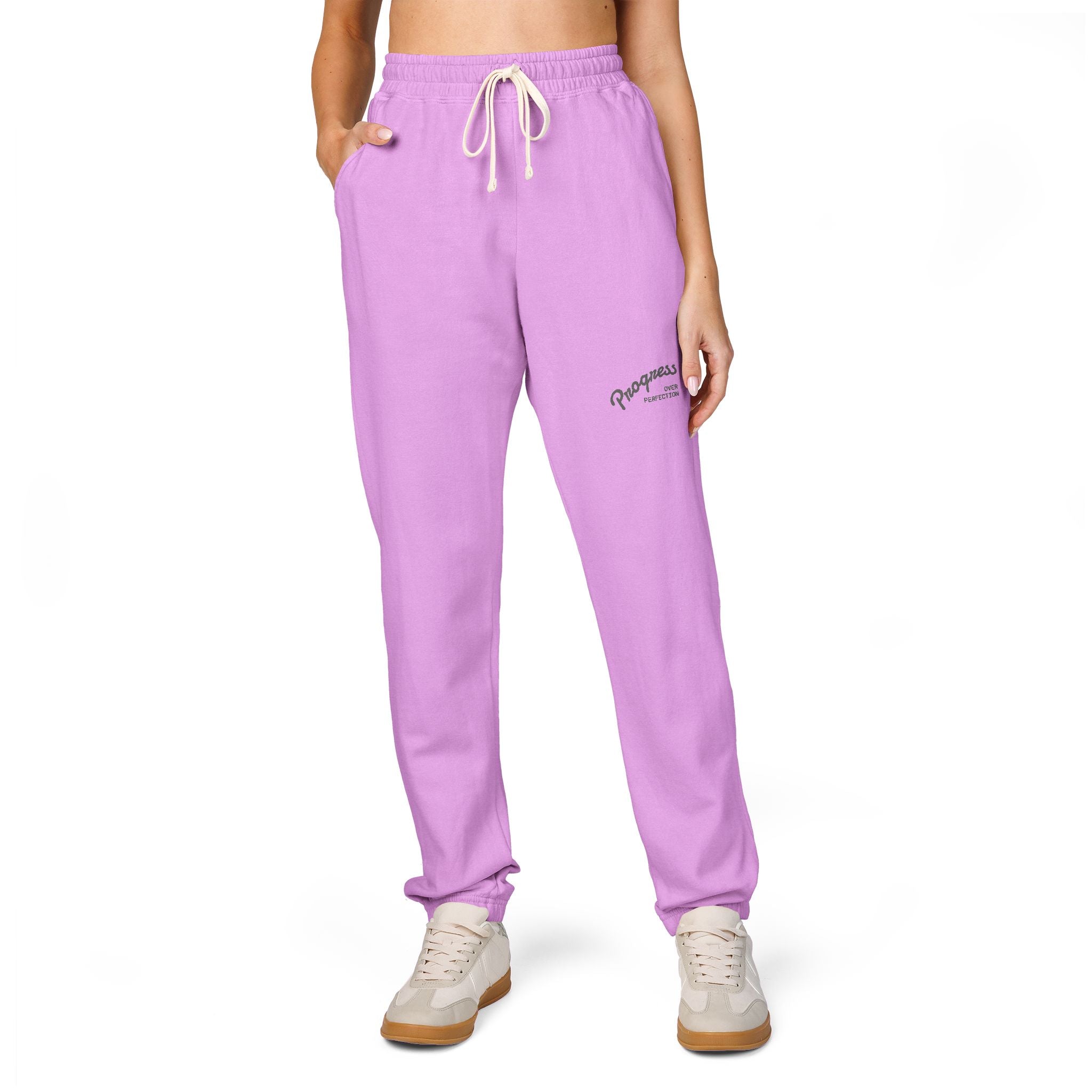 Progress over Perfection Embroidered Garment-Dyed Fleece Sweatpants — Minimal Small Script Logo Joggers