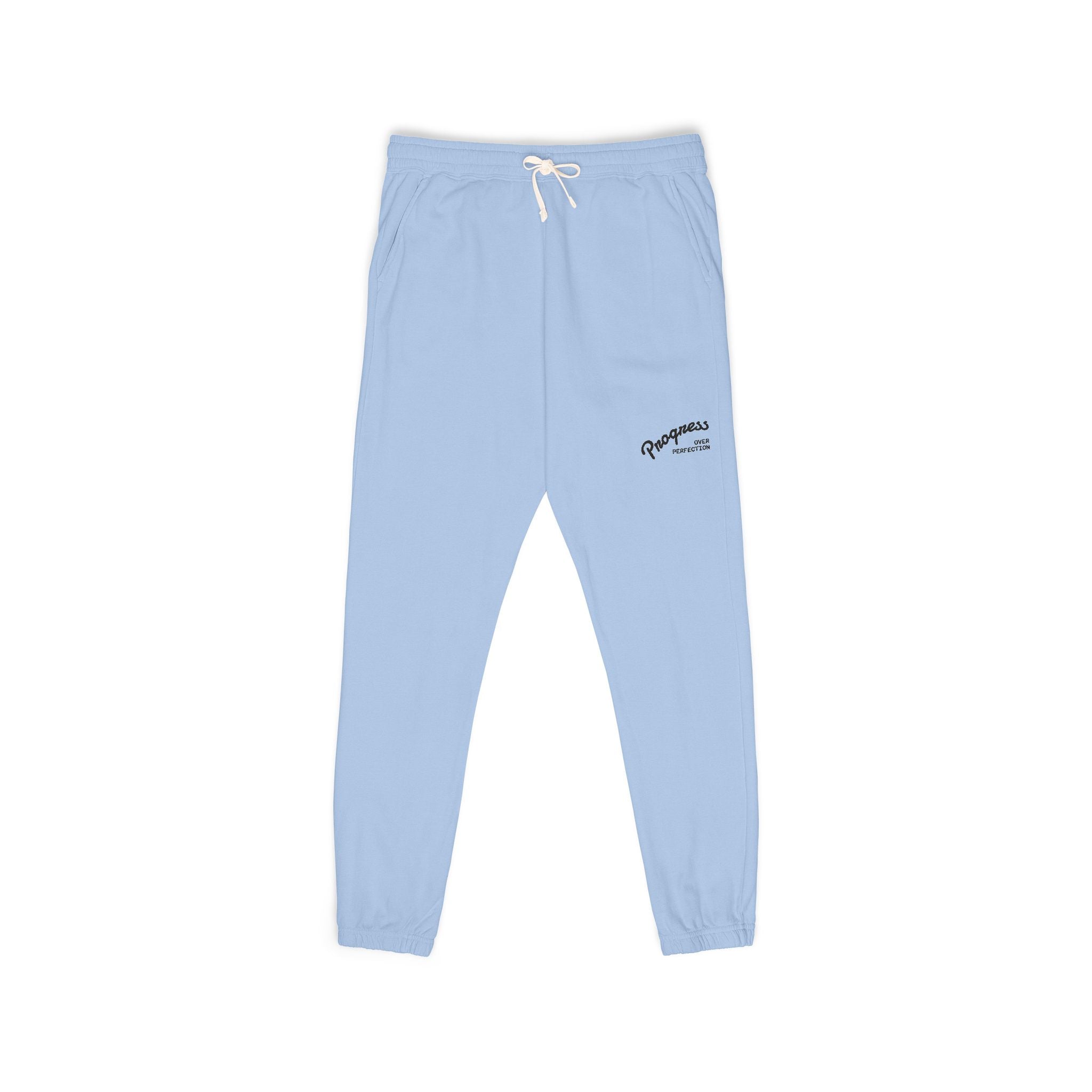 Progress over Perfection Embroidered Garment-Dyed Fleece Sweatpants — Minimal Small Script Logo Joggers