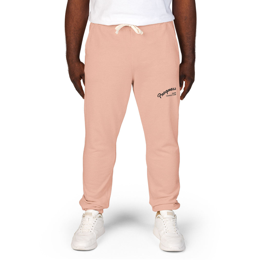 Progress over Perfection Embroidered Garment-Dyed Fleece Sweatpants — Minimal Small Script Logo Joggers