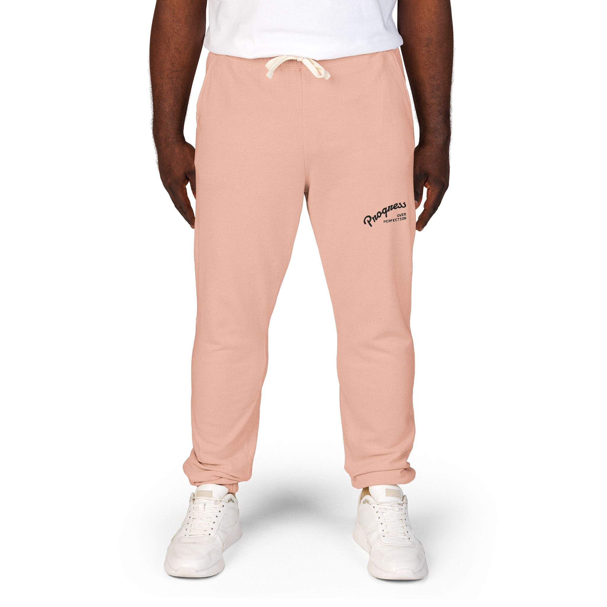 Progress over Perfection Embroidered Garment-Dyed Fleece Sweatpants — Minimal Small Script Logo Joggers