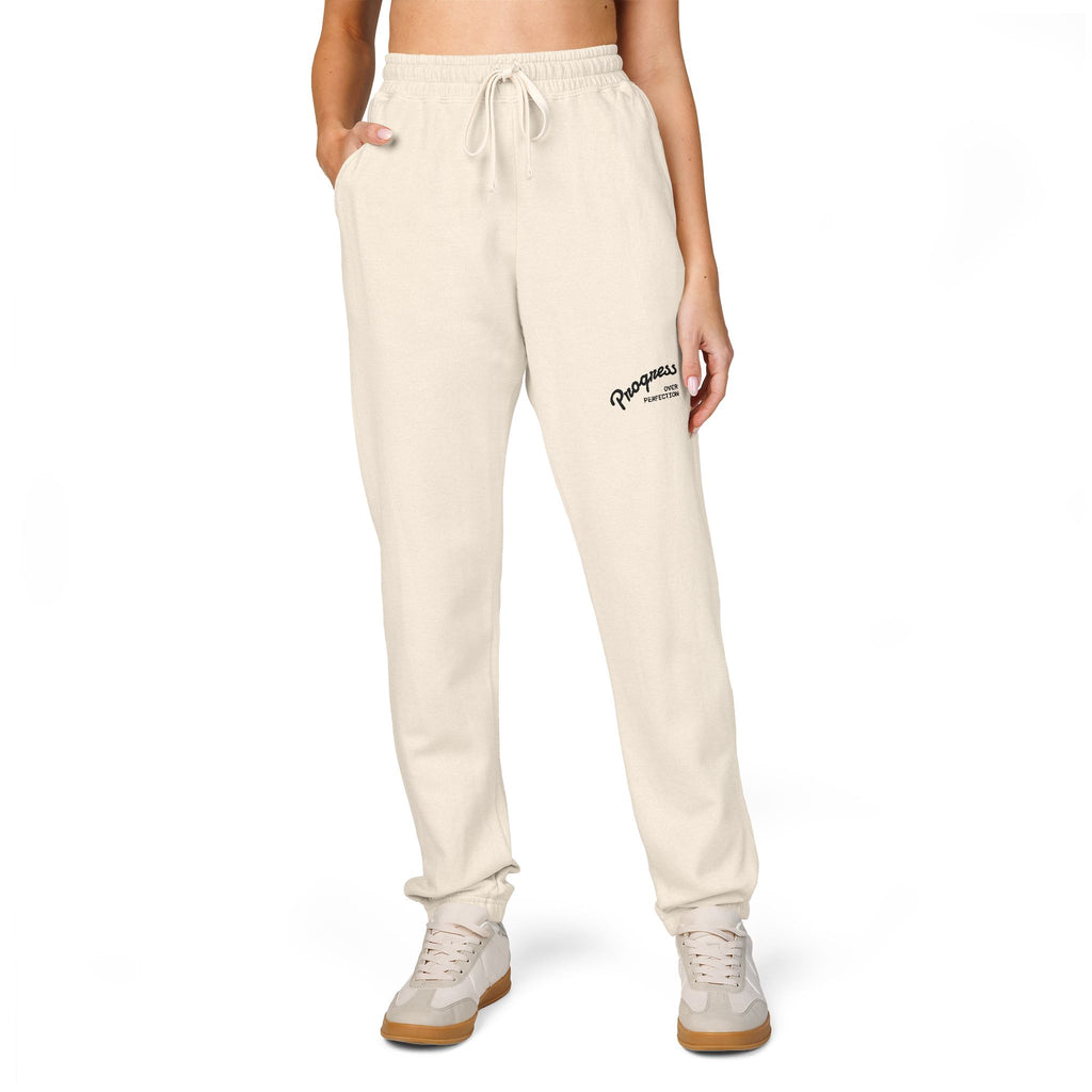 Progress over Perfection Embroidered Garment-Dyed Fleece Sweatpants — Minimal Small Script Logo Joggers