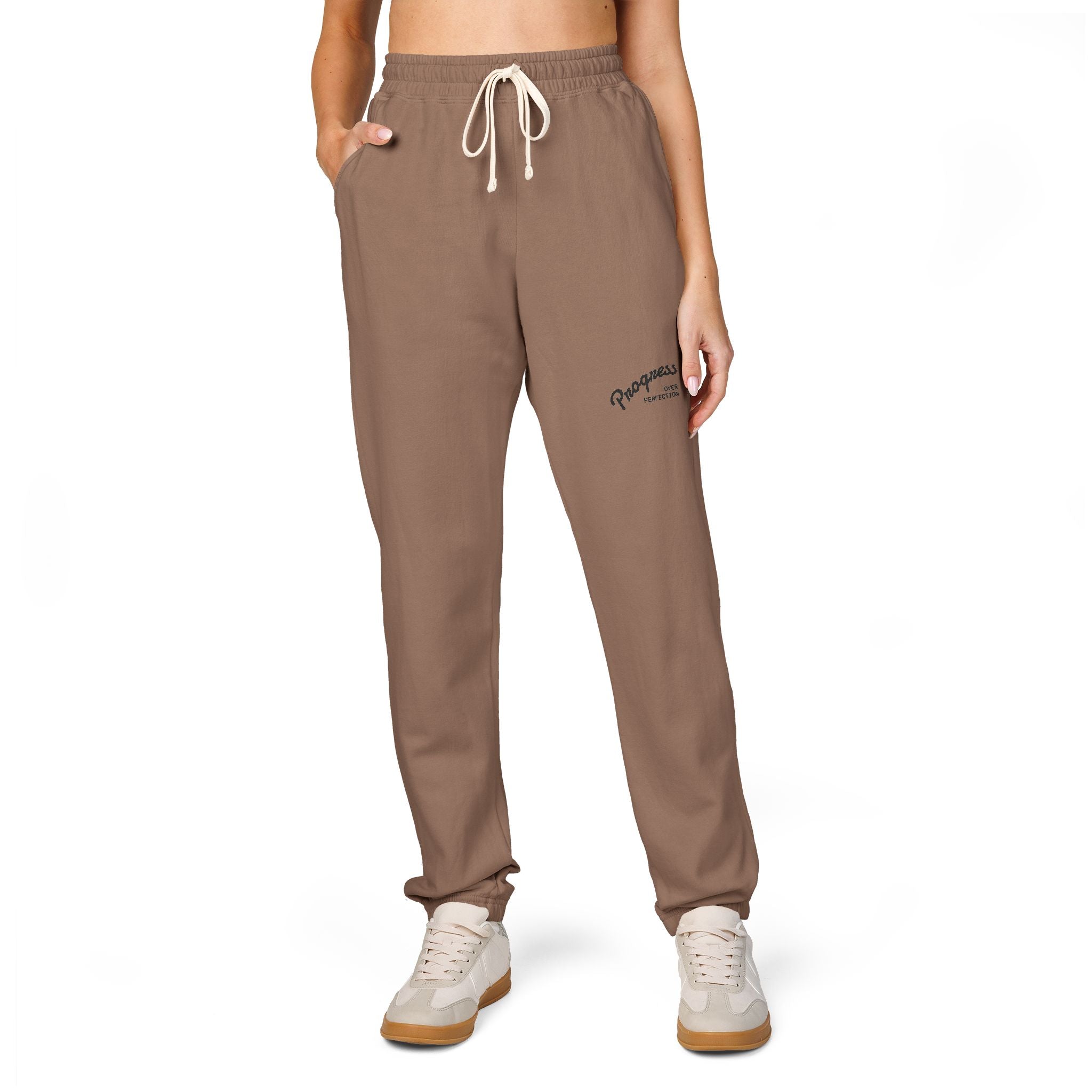 Progress over Perfection Embroidered Garment-Dyed Fleece Sweatpants — Minimal Small Script Logo Joggers
