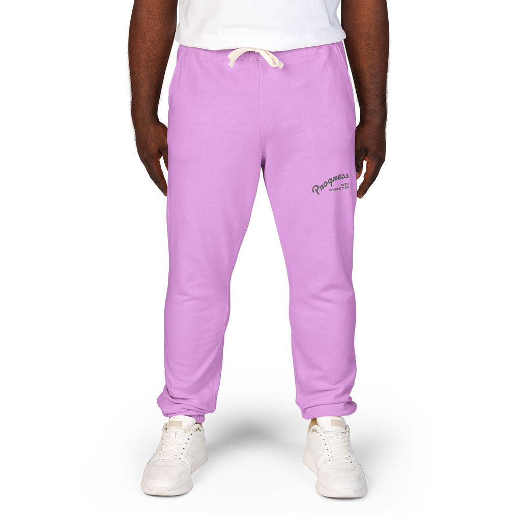 Progress over Perfection Embroidered Garment-Dyed Fleece Sweatpants — Minimal Small Script Logo Joggers