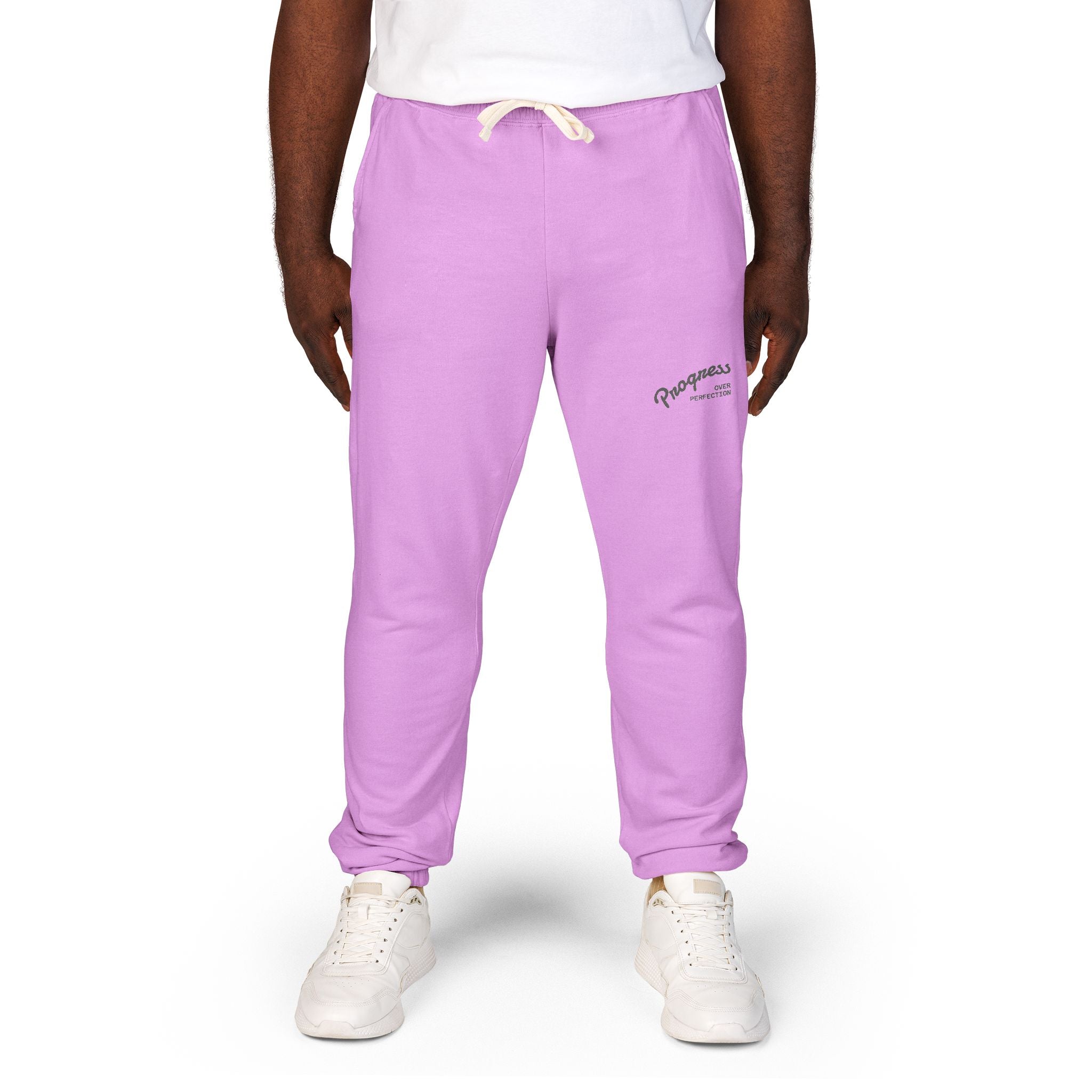 Progress over Perfection Embroidered Garment-Dyed Fleece Sweatpants — Minimal Small Script Logo Joggers