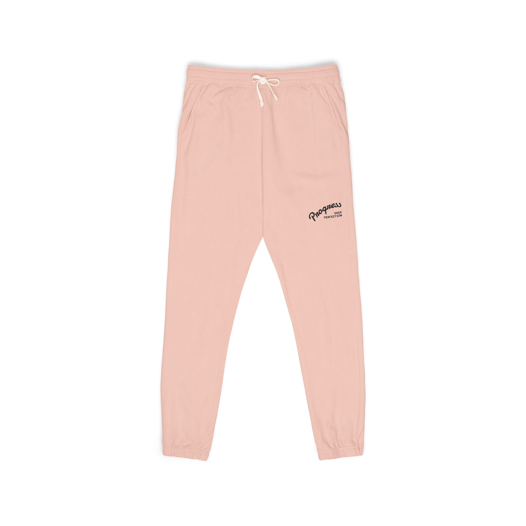 Progress over Perfection Embroidered Garment-Dyed Fleece Sweatpants — Minimal Small Script Logo Joggers